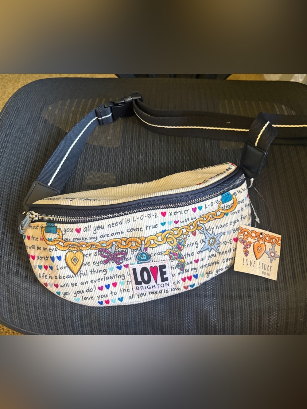 Brighton Cream Printed Crossbody Belt Bag with Black Strap